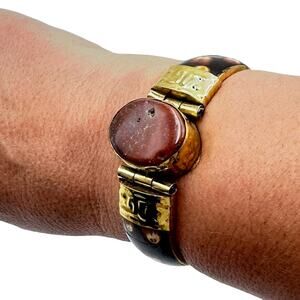 VINTAGE BONE HINGED CUFF BANGLE BRACELET BRASS ACCENTS GEMSTONE - NWOT